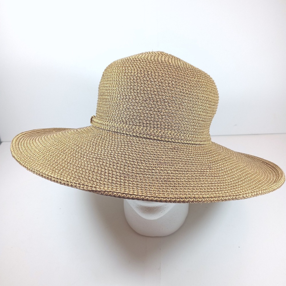 Nine West Wide Brim Sun Hat Bronze Gold Metallic Woven Straw Floppy Summer